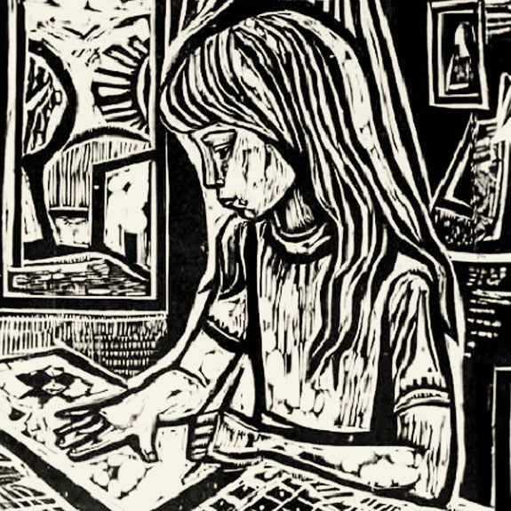 Black and white linocut of a young woman sitting in front of a window reading.