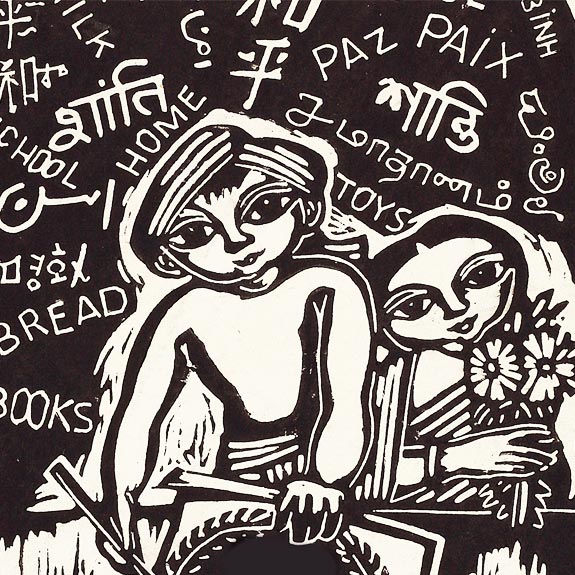 Black and white linocut of a young boy and girl with flowers in front of a background of the word Peace in many languages.