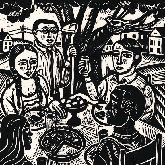 Black and white linocut of a group of farmers sitting down to a meal outdoors.